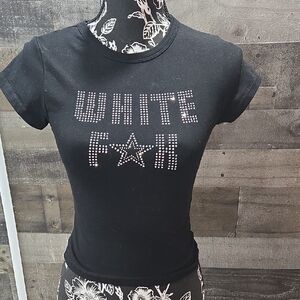 White Fox Boutique Black Embellished Fitted Short Sleeve Tee